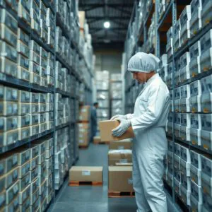 Mitarbeiter steht im Medizinprodukte-Lager