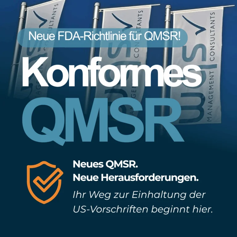 WQS-Fahnen mit dem Text „Compliant QMSR“, die die neue FDA QMSR-Richtlinie und den Weg zur U.S.-Compliance für Medizinproduktehersteller hervorhebt.