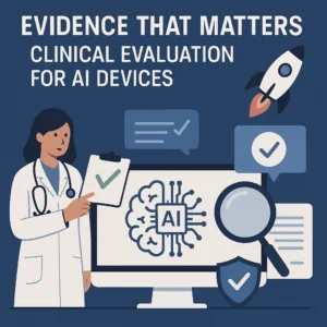 Medizinische Fachkraft präsentiert klinische Evidenz für KI-Medizinprodukte; Monitor mit KI-Symbol, Checkliste und Rakete als Symbol für Innovation und regulatorische Validierung.