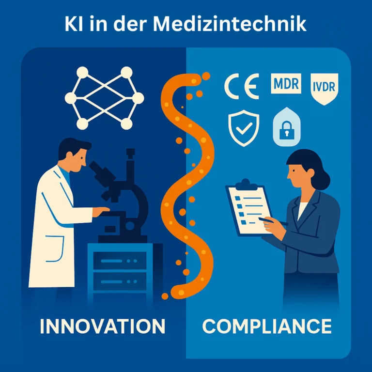 KI in der Medizintechnik. Wissenschaftlerin im Labor für die Forschung und Compliance-Experte für die regulatorischen Aspekte für den Weg von Innovation zu Regulierung.