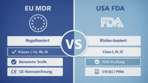 Infografik zum Vergleich der Klassifizierung von Medizinprodukten nach EU-MDR und FDA mit Risikoklassen, CE-Kennzeichnung, Benannter Stelle und FDA-Zulassungsverfahren.