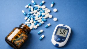 Tabletten und Kapseln neben einem digitalen Messgerät zur Veranschaulichung der Abgrenzung zwischen Arzneimittel und Medizinprodukt