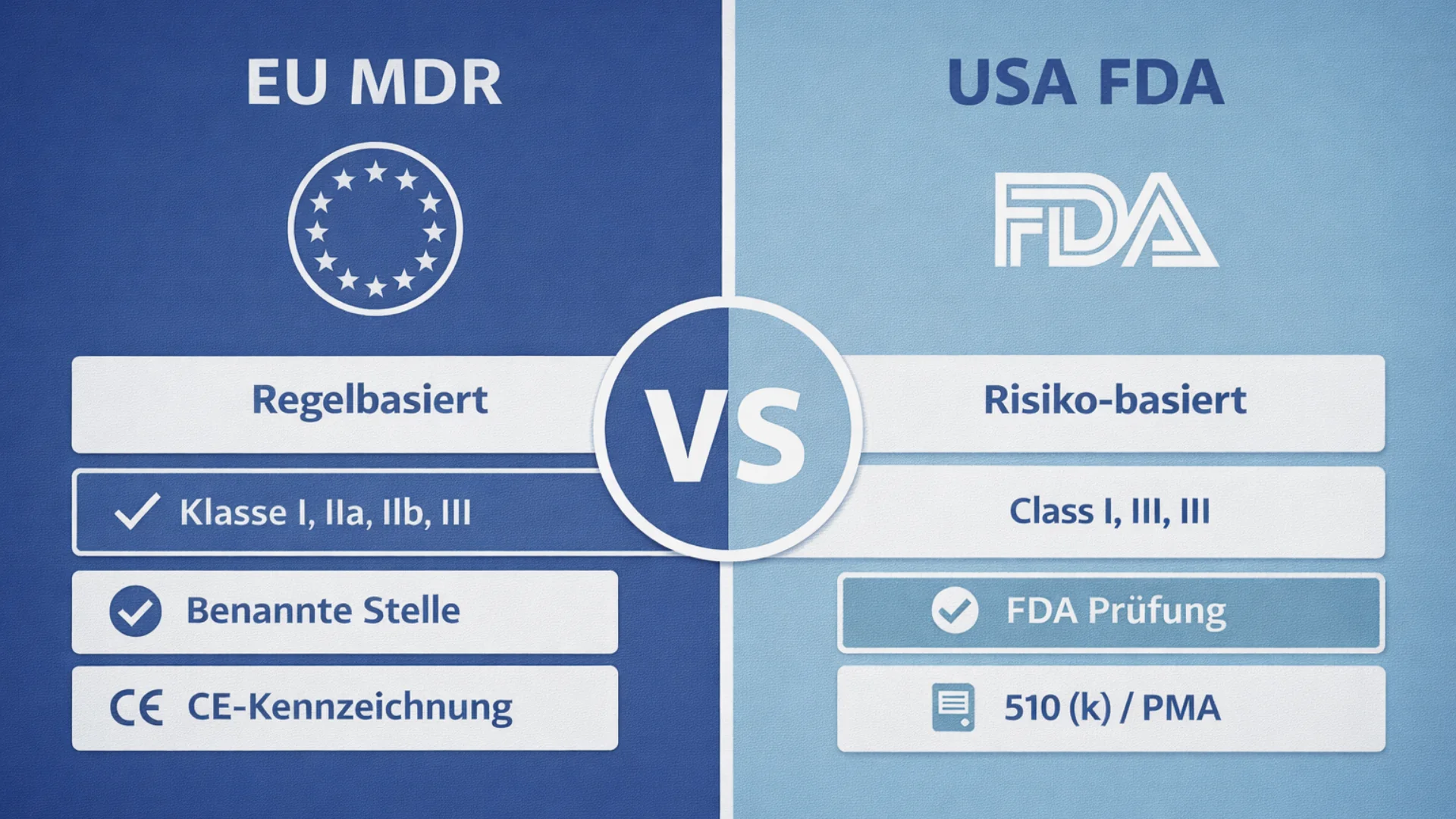 Infografik zum Vergleich der Klassifizierung von Medizinprodukten nach EU-MDR und FDA mit Risikoklassen, CE-Kennzeichnung, Benannter Stelle und FDA-Zulassungsverfahren.