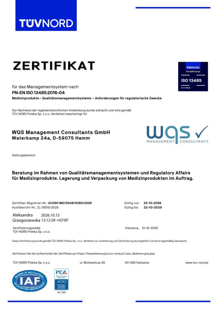 ISO-13485-Zertifikat, Rezertifizierung der WQS Management Consultants GmbH für Beratung, Lagerung und Verpackung von Medizinprodukten, ausgestellt von TÜV NORD Polska