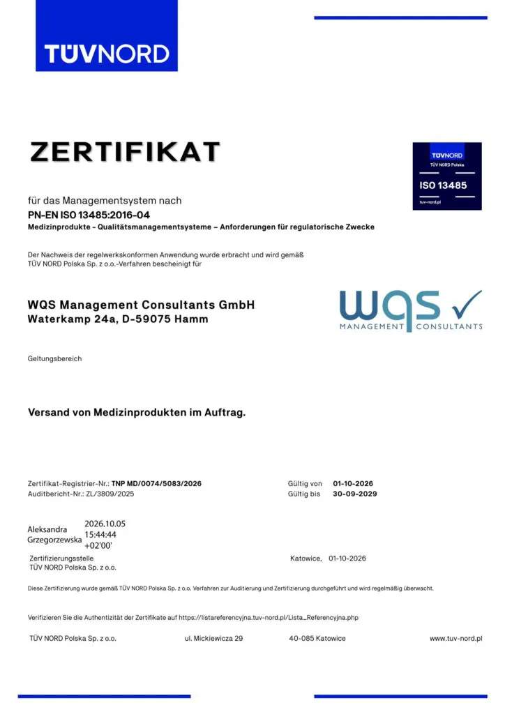 ISO-13485-Zertifikat, Rezertifizierung der WQS Management Consultants GmbH für den Versand von Medizinprodukten im Auftrag, ausgestellt von TÜV NORD Polska